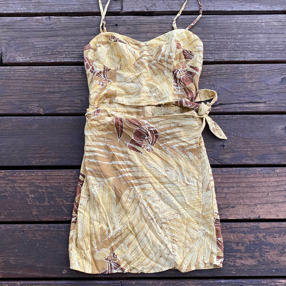 Reformation tropical print linen blend wrap mini dress